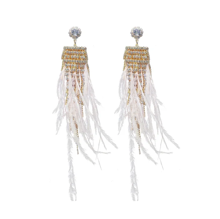 

long feather crystal tassel chandelier earrings pink black gray white statement feather earrings women jewelry, Picture