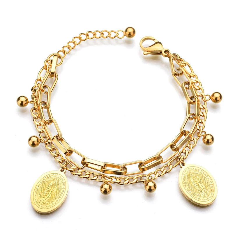 

Religious Gold Color Beads Virgin Mary Bracelet Stainless Steel Charm Catholic Bracelets for Women Jewelry Gift for Mother, 2 colors available