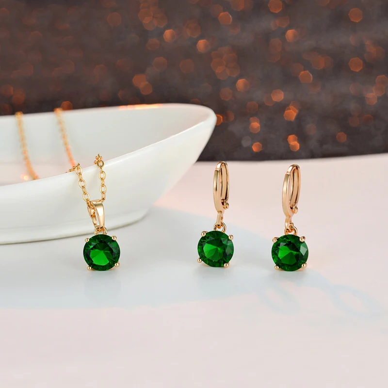 

Wholesale Dubai gold Green stone women wedding jewelry set TZ055