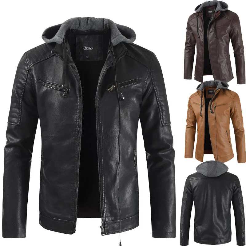 

2018 wholesale latest design mans Winter jacket black Hooded Cap zipper pu thickening Keep motorcycle leather jacket