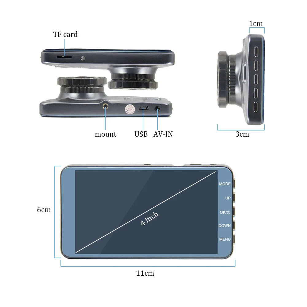 4 Inch Super HD 1296P Dashcam, Dual Lens Starlight Night Vision ADAS Manual Car Camera HD DVR
