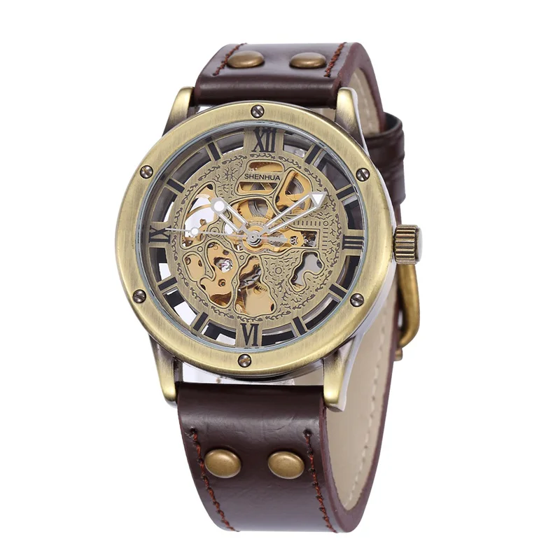 

WJ-4725-2 vintage skeleton attractive bronze case SHENHUA men mechanical watch