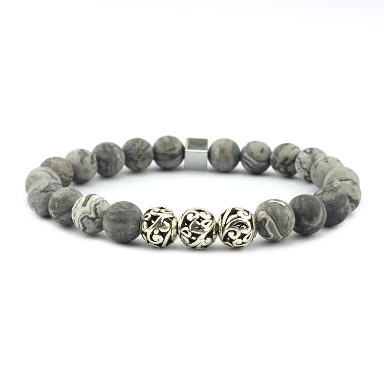 

BN1007 Fashion elastic natural stone bead bracelet for men,map jasper gemstone bracelet jewelry hotsale, Silver&grey