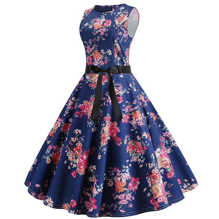 

Hot Style Hepburn Sleeveless, Waist-Hugging Print Dress With A Voluminous Train Summer Fashion Midi Casual Dress, As shown