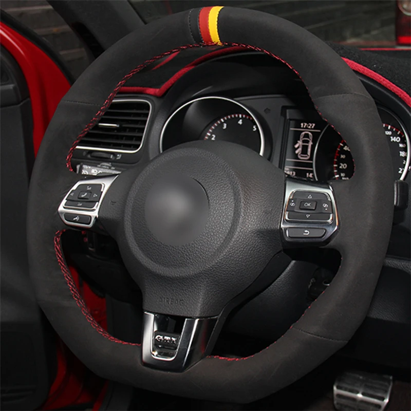 

Hand Sewing Black Suede Steering Wheel Cover with Strips for Volkswagen Golf 6 GTI MK6 VW Polo GTI Scirocco R Passat CCR-Line