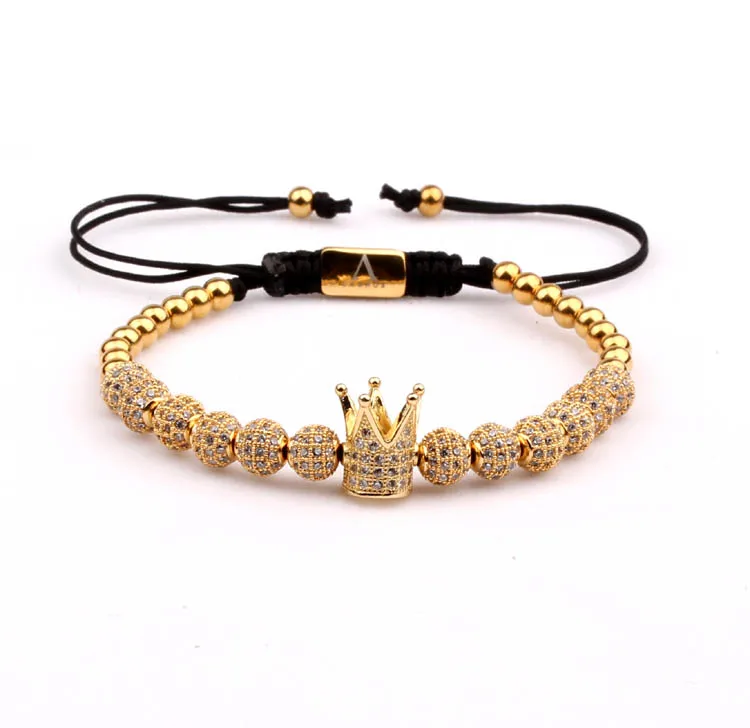 

New Luxury design micro CZ pave diamond ball crown charm men women macrame bracelet