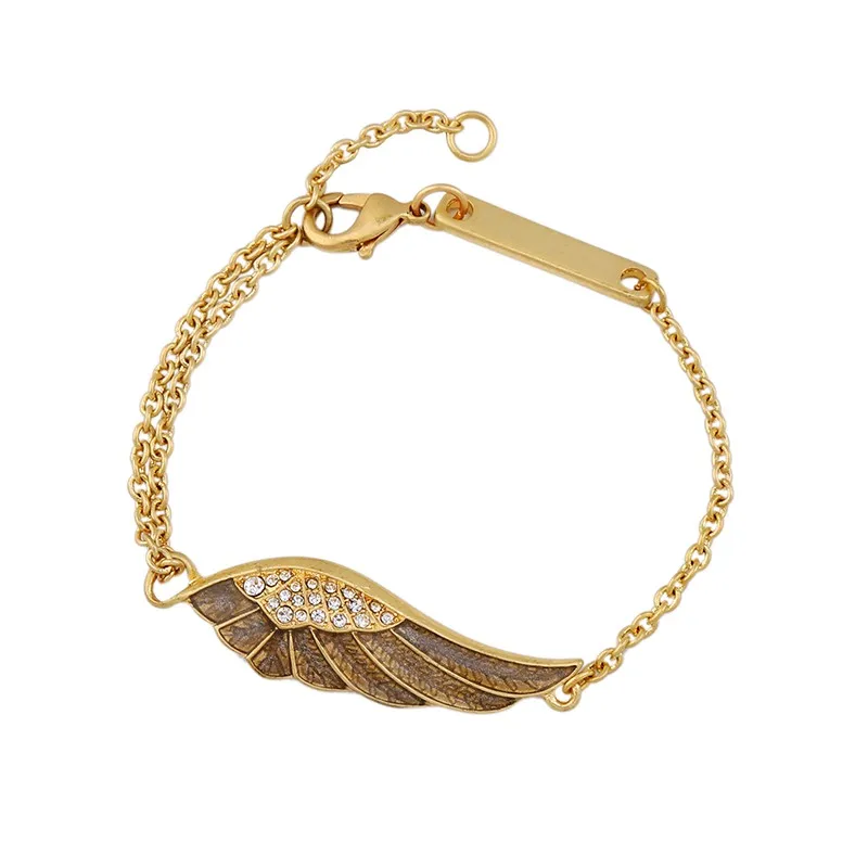 

sl00599 Fancy Enamel Chain Gold Plated Crystal Angle Wing Charm Bracelet