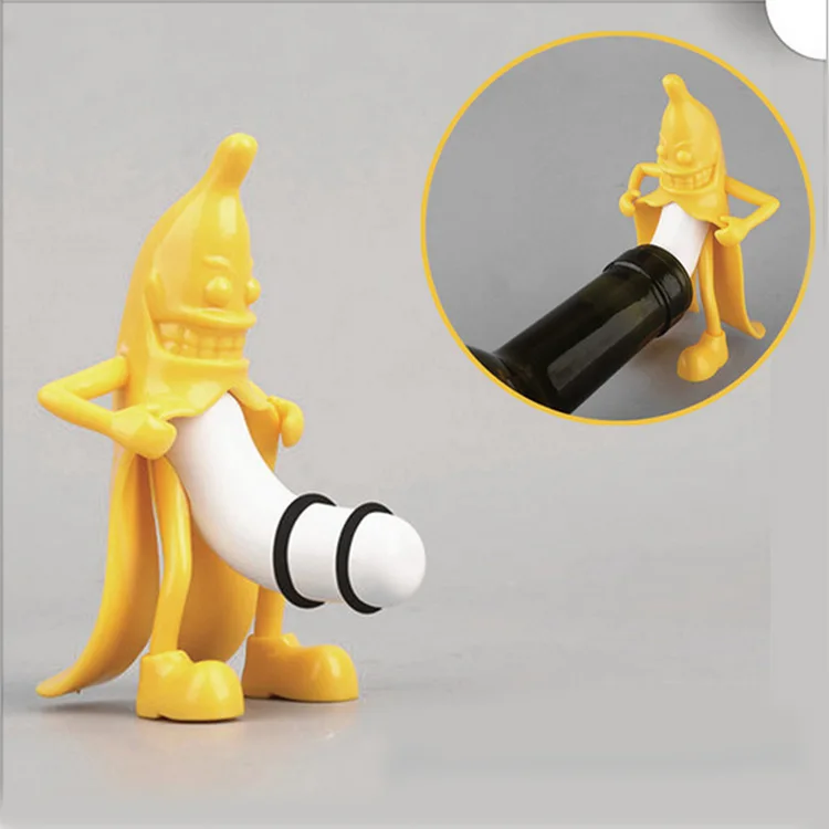 

Wholesale new design Unique Funny Banana Wine Bottle Stopper Plastic Novelty Banana Man Shape