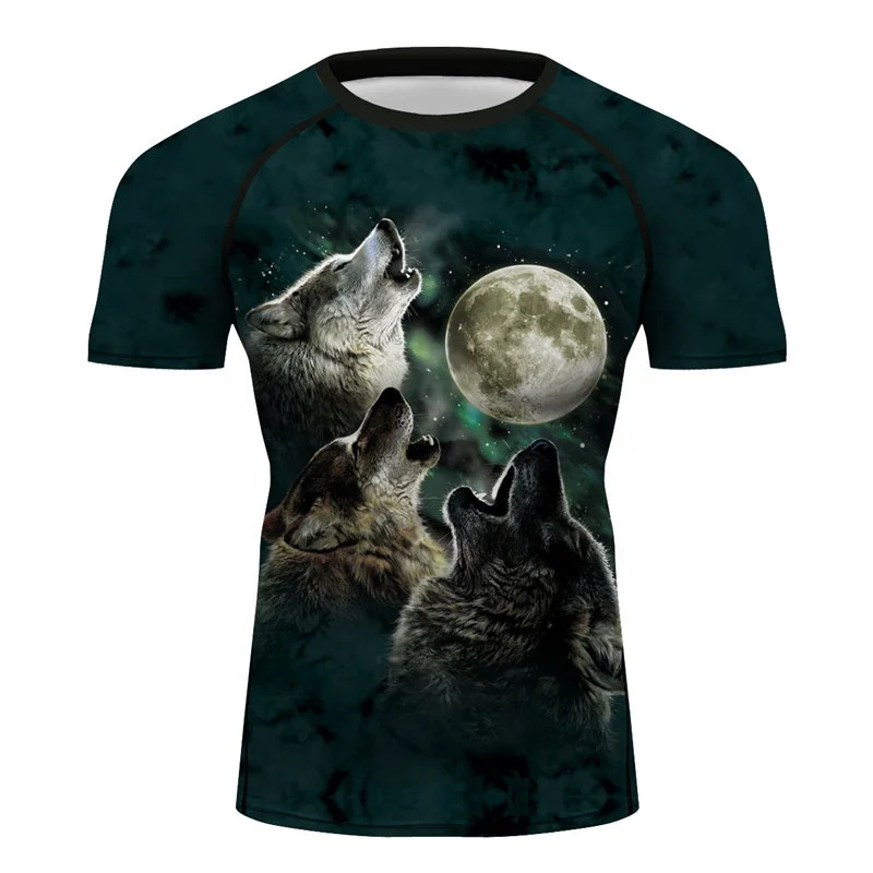 

Full Moon Night Three Wolves Howling Full Printing Wolf Tshirt Fitness Gym Sports Tee Quick Dry Men Workout Rash Guards Tops, Black/red