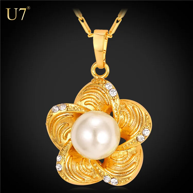 

U7 with 18K" Stamp 18K gold plated Flower pendant necklace with simulated pearl collar women girls gift
