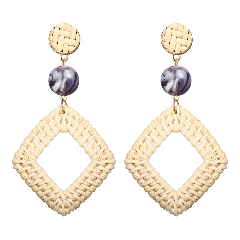 

2019 Vintage Woven Rattan Straw Drop Earrings Bohemian Handmade Geometric Acrylic Dangle Earrings (KER399), Same as the picture