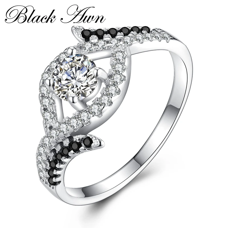 

[BLACK AWN] Genuine 100% Sterling 925 Silver Jewelry Square Black&White Stone Engagement Rings for Women C237