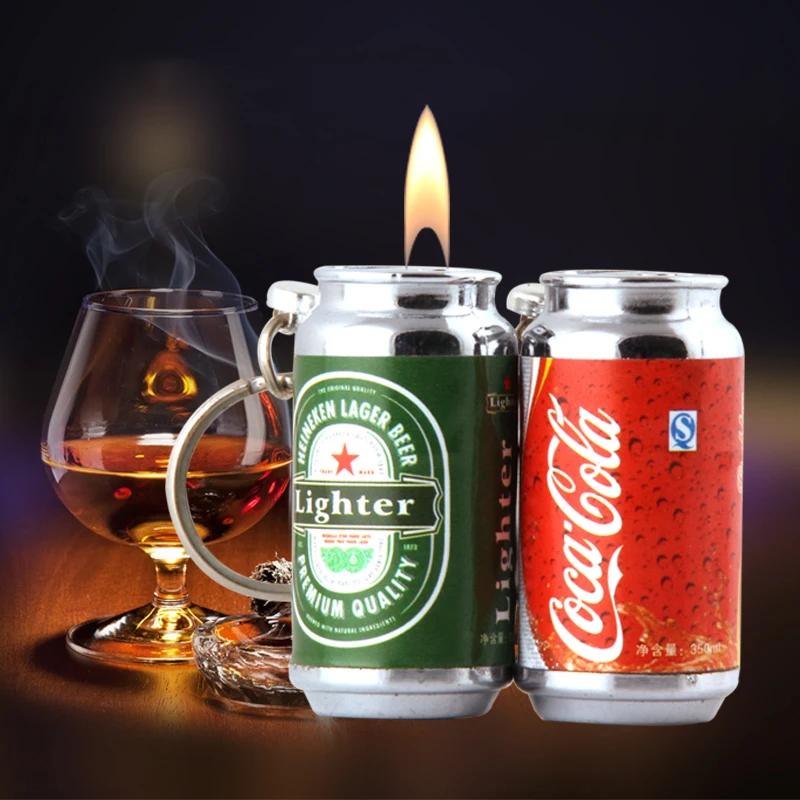 

Creative personality Coke bottle shape inflatable open flame with key ring inflatable gas lighter 029 cans, 3 color