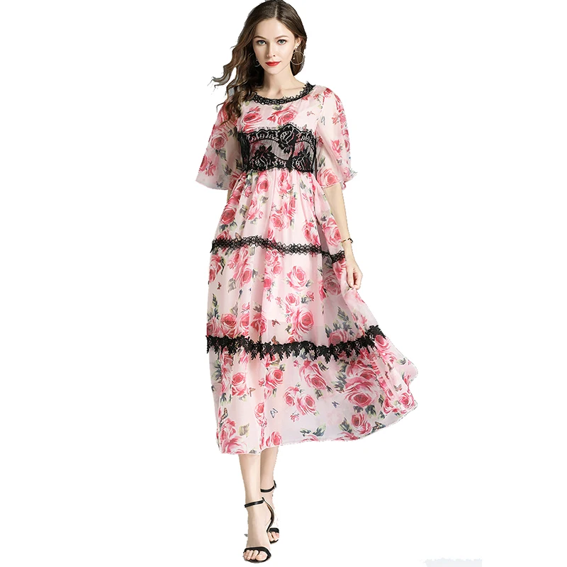 

O Neck Rose Flower Print Long Chiffon Dress