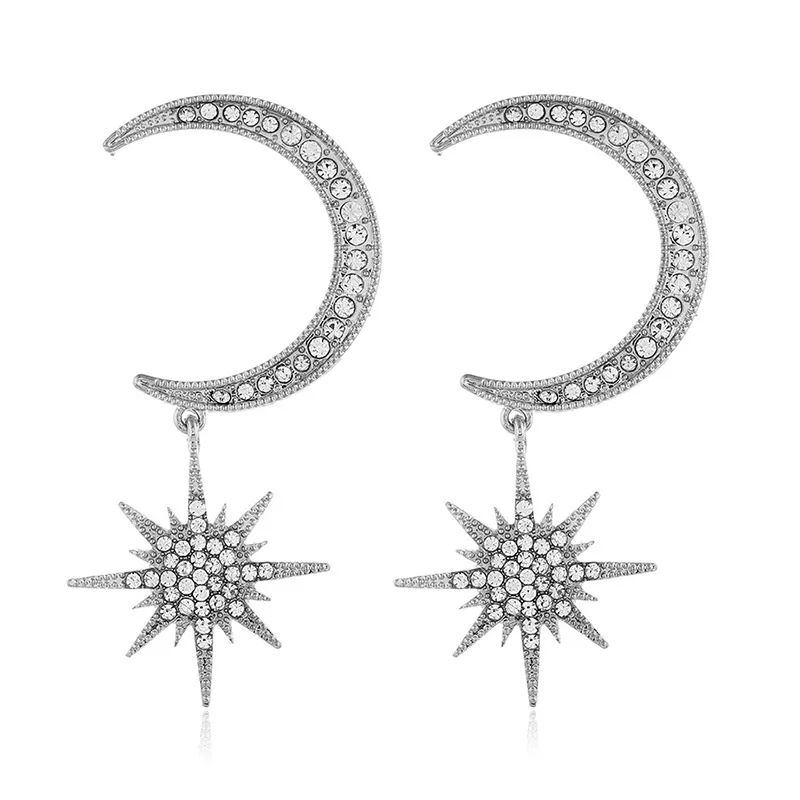 

Female fashion earrings beautiful hand made new moon and star silver dangle stud earrings, As picture shows