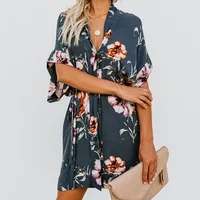 

2019 New Design LButton-up Floral printed V-neck short-sleeved casual dress S-XL