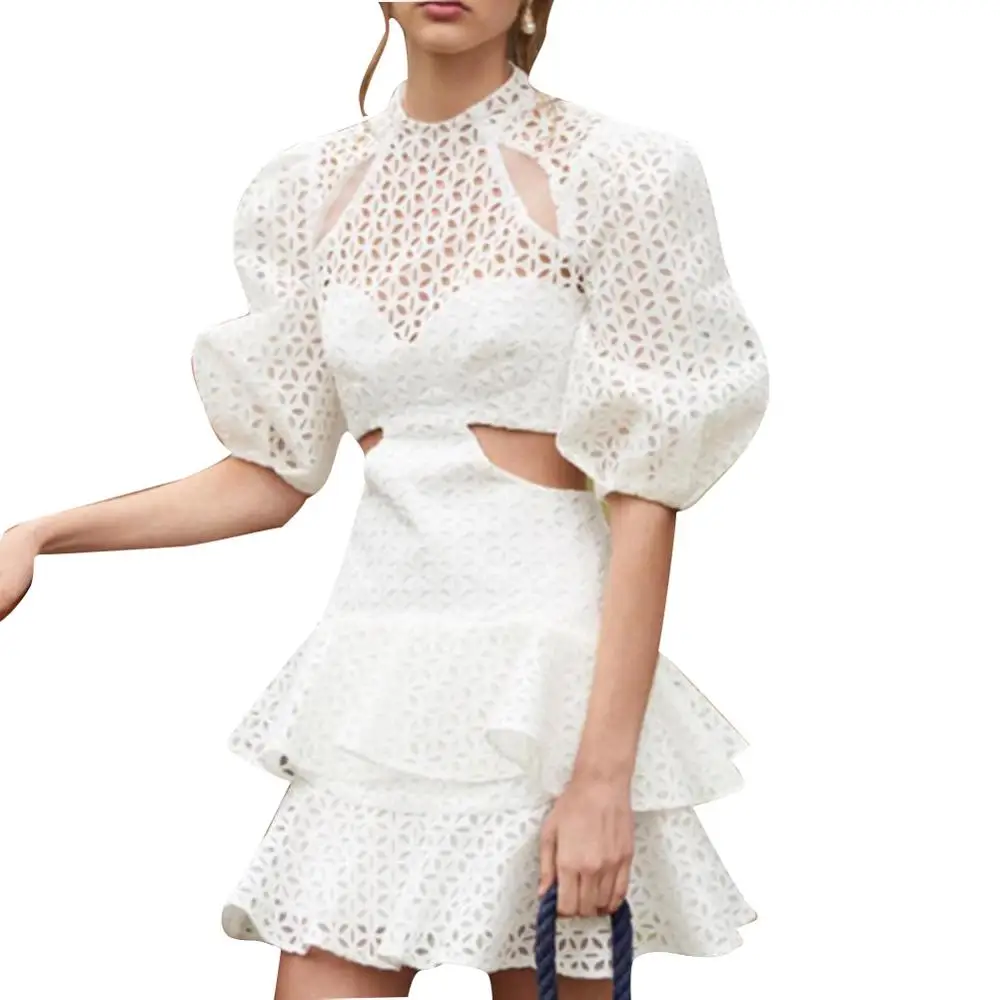 

2019 New Women Stitching Cut-out Puff Sleeve Mini Princess Dress