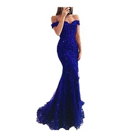 

Women's off shoulder long lace prom dress royal blue mermaid beaded evening gown