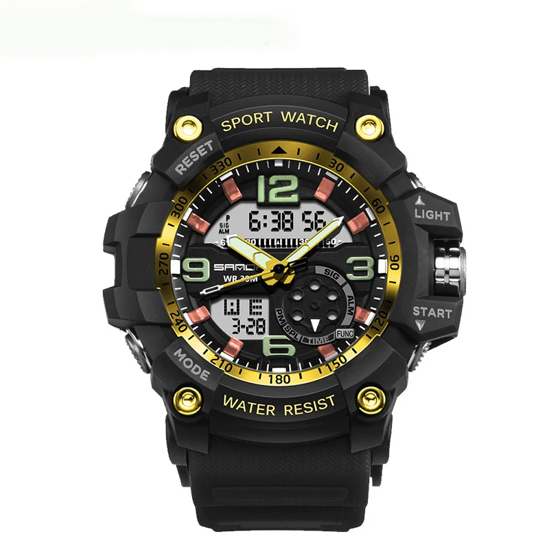 

WJ-7551 Quartz And Digital Double Movement SANDA Brand Men Plastic Sprt Multifcuntion Water Resistant Watch, Multicolor