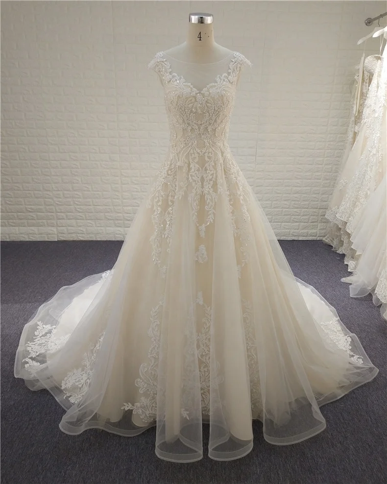 

Cap Sleeve Beaded Lace A Line Wedding Dress 2019, Custom color