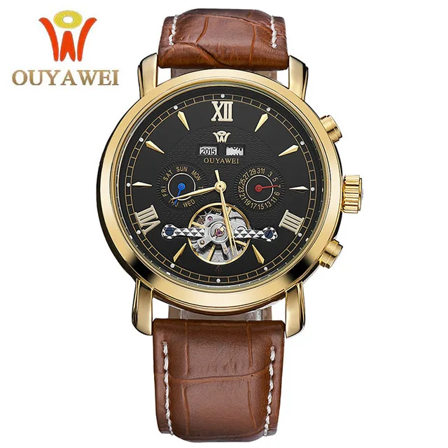 

OUYAWEI Skeleton Mechanical Watch Luxury Men Black Tourbillon Business Brand Leather Date Men Wristwatch, Black. white. brown. gold