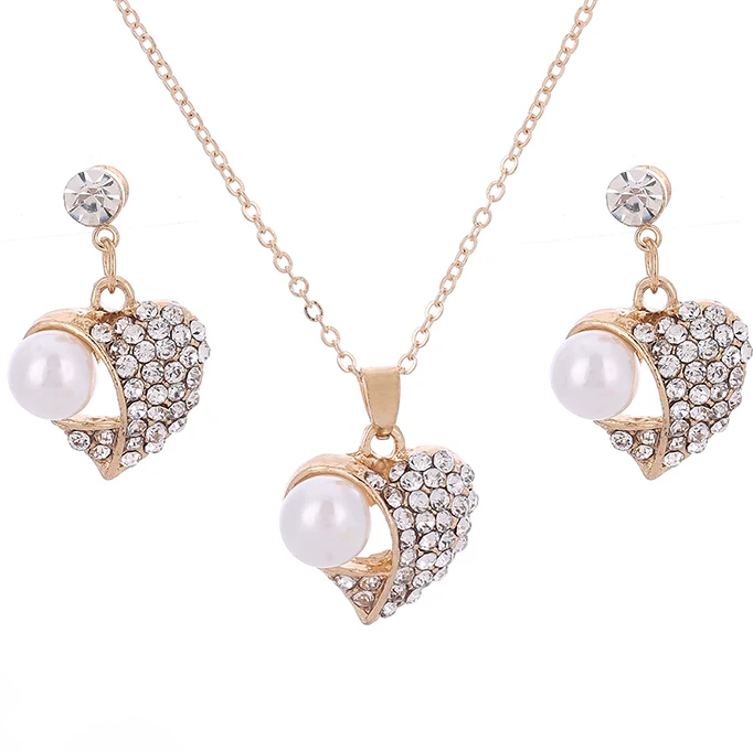 new fashion Romantic wedding necklace and earrings women pearl accessories gold plated jewelry set