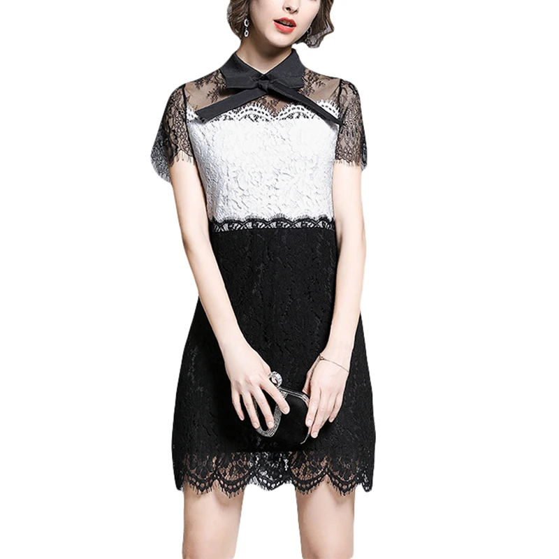 

2019 new summer black and white patchwork bow tie retro high waist short sleeve women popular smart casual lace sexy slim dress
