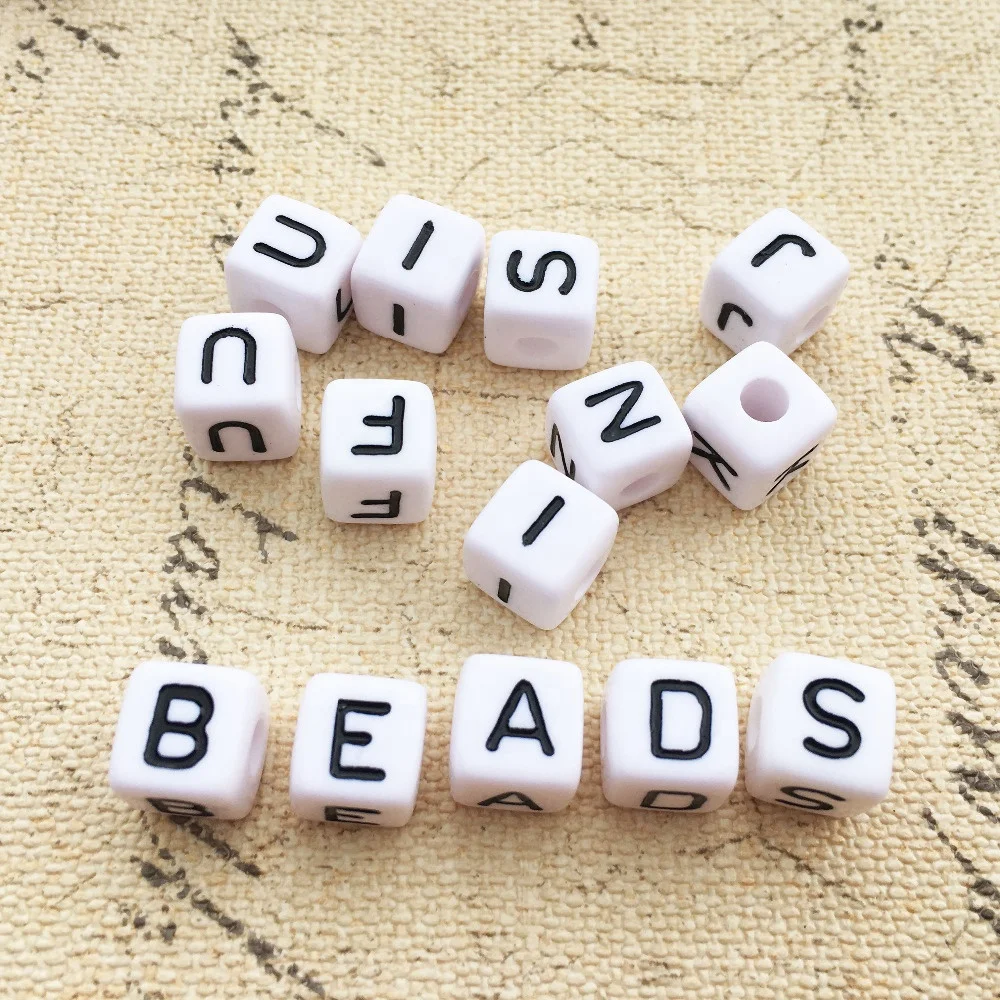 

Factory Sell 10*10MM White with Black Printing Plastic Acrylic Square Cube Alphabet Letter Beads