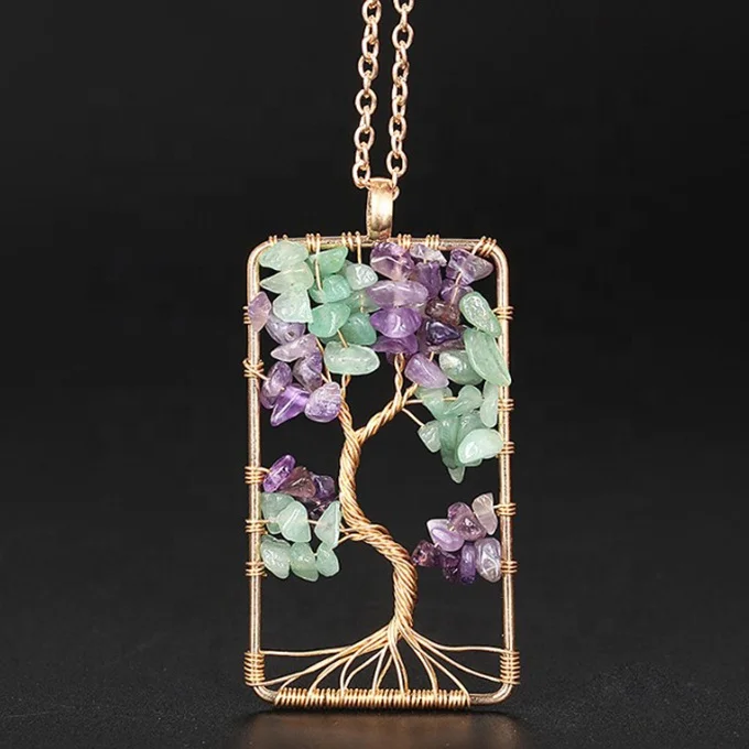 

Rectangle Shape Colourful Stone Jewelry Fashion Tree Of Life Pendant Necklace