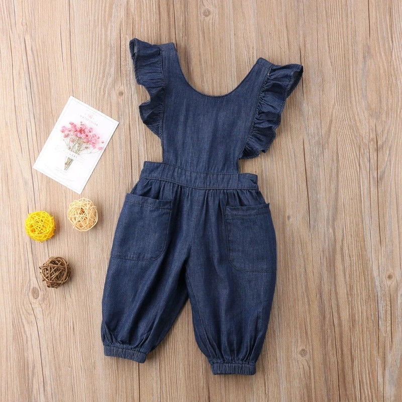 Ruffle Kids Baby Boy Girl Denim Romper Summer girls sleeveless backless Rompers Jumpsuit Outfits suspender clothes, As picture