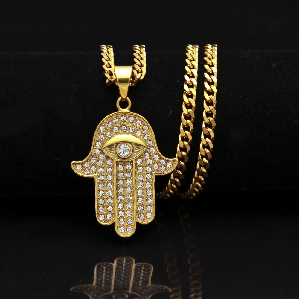 

Turkish Evil Eye Hamsa Hand of Fatima Pendant Necklace Gold Stainless Steel Iced Out Pendant & Chain Hip Hop Women/Men Jewelry