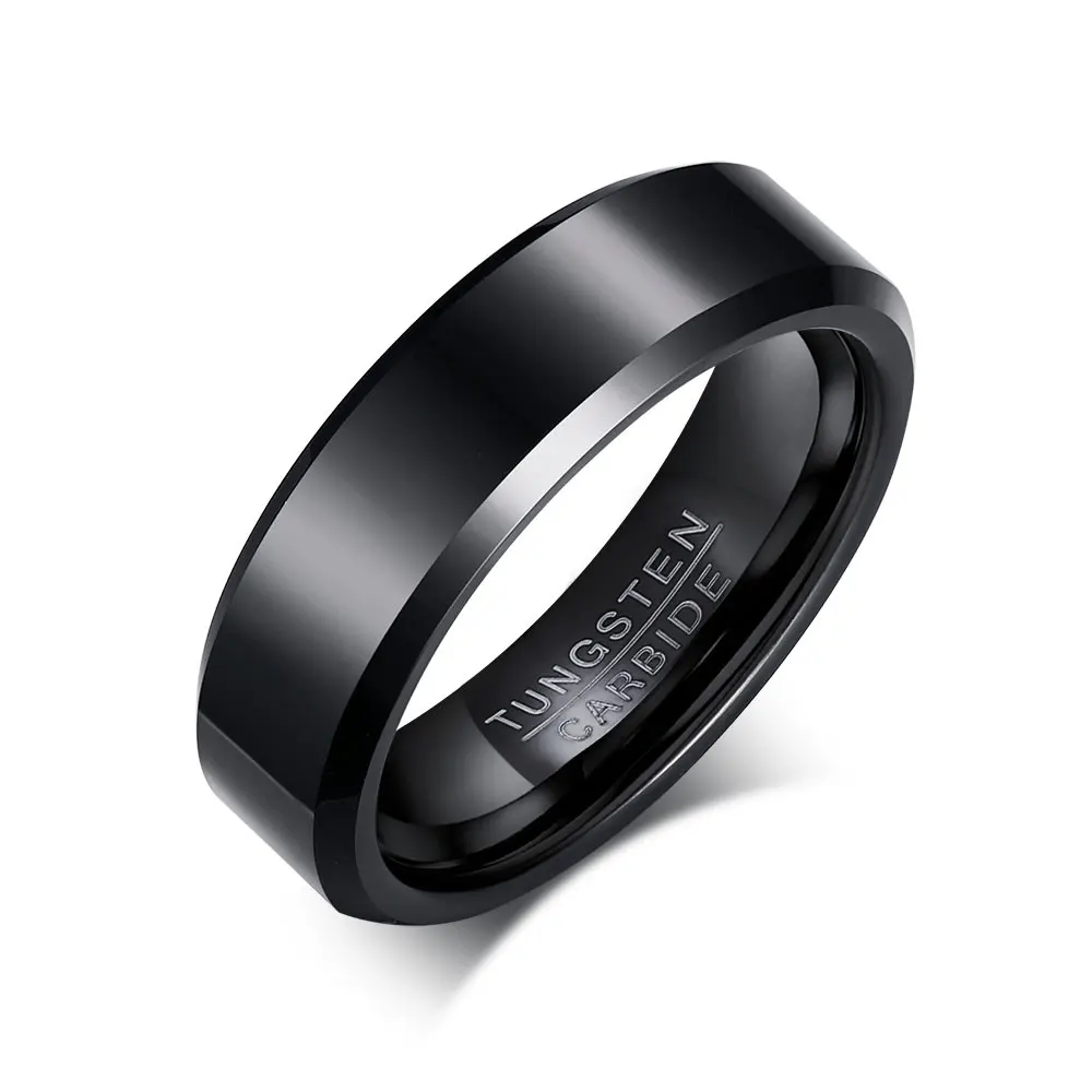 

6mm Black Tungsten Carbide Ring Mens Womens Wedding Bands High Polished Beveled Edges