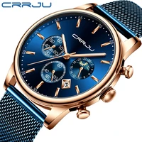 

CRRJU 2266 New Blue Casual Mesh Belt Fashion Quartz Gold Watch Mens Watches Top Brand Luxury Waterproof Clock Relogio Masculino