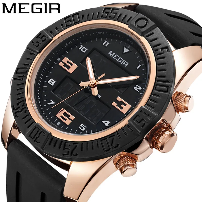 

MEGIR Dual Display Men Watch Fashion Silicone Analog Sport Watches Army Military Quartz Wristwatch Clock Hour Relogio Masculino, 3 colors