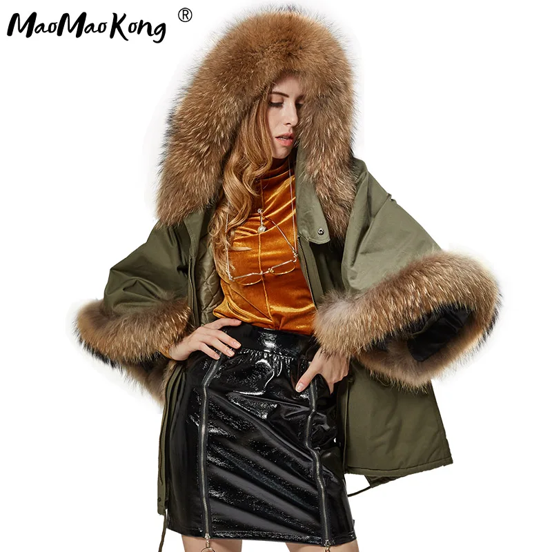 

Autumn and winter new raccoon hair leader green casual coat trumpet sleeves cape fur jacket