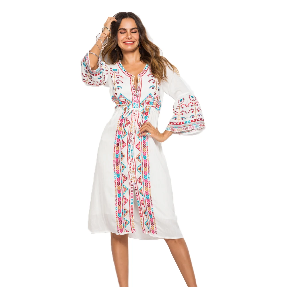 

2018 speed to sell Amazon Bohemian style cross-border foreign trade summer new print one word shoulder dress women clothing, White