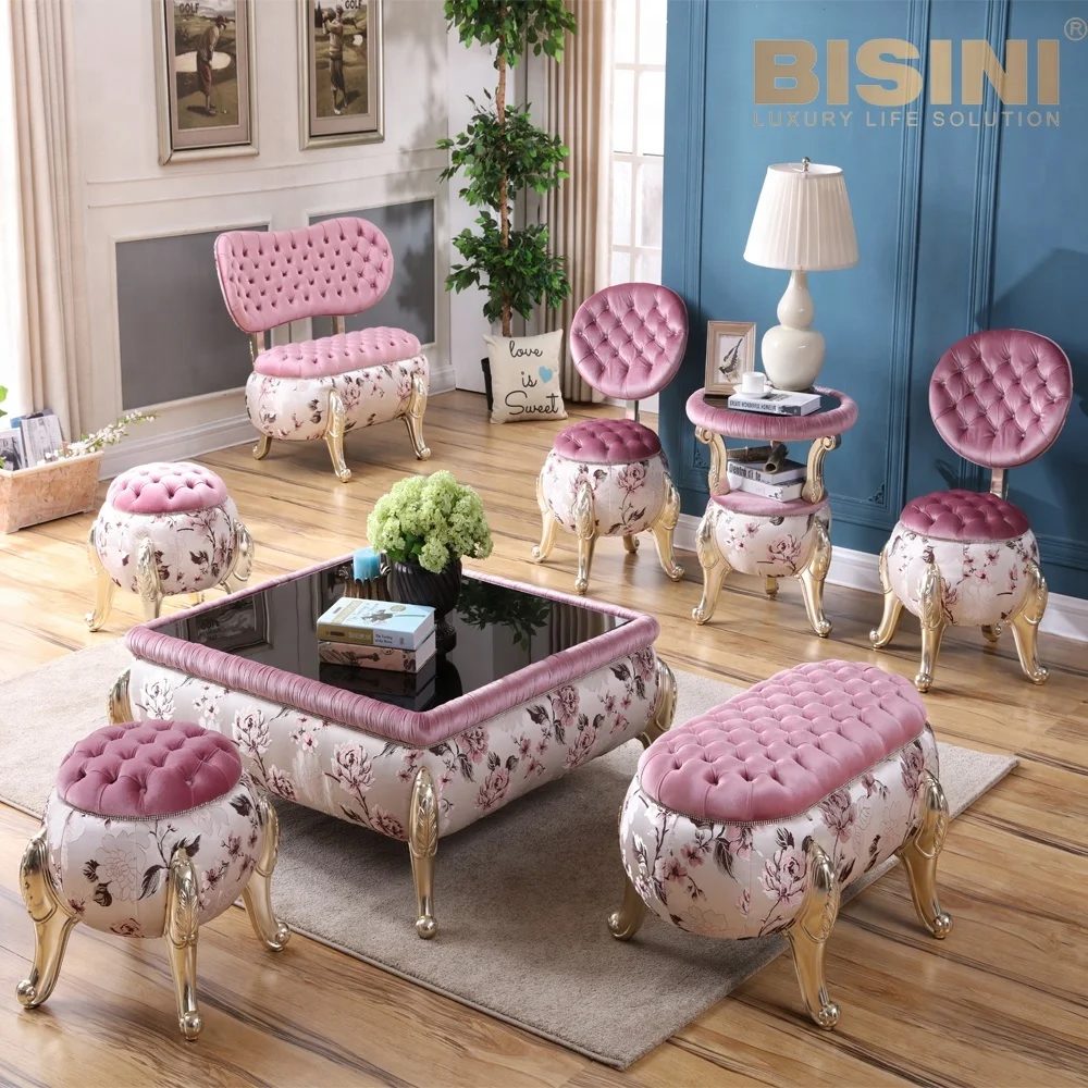 
Romantic Pink European Neoclassical Living Room Furniture Set / Round Sofa Bench Pumpkin Stool 