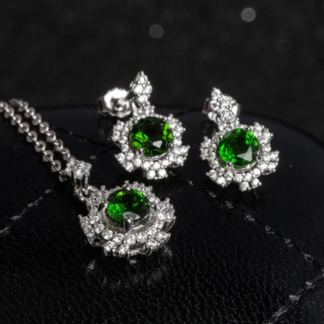 

China jewellery factory wholesale 925 silver plated natural green diopside earring necklace pendant jewelry set for women