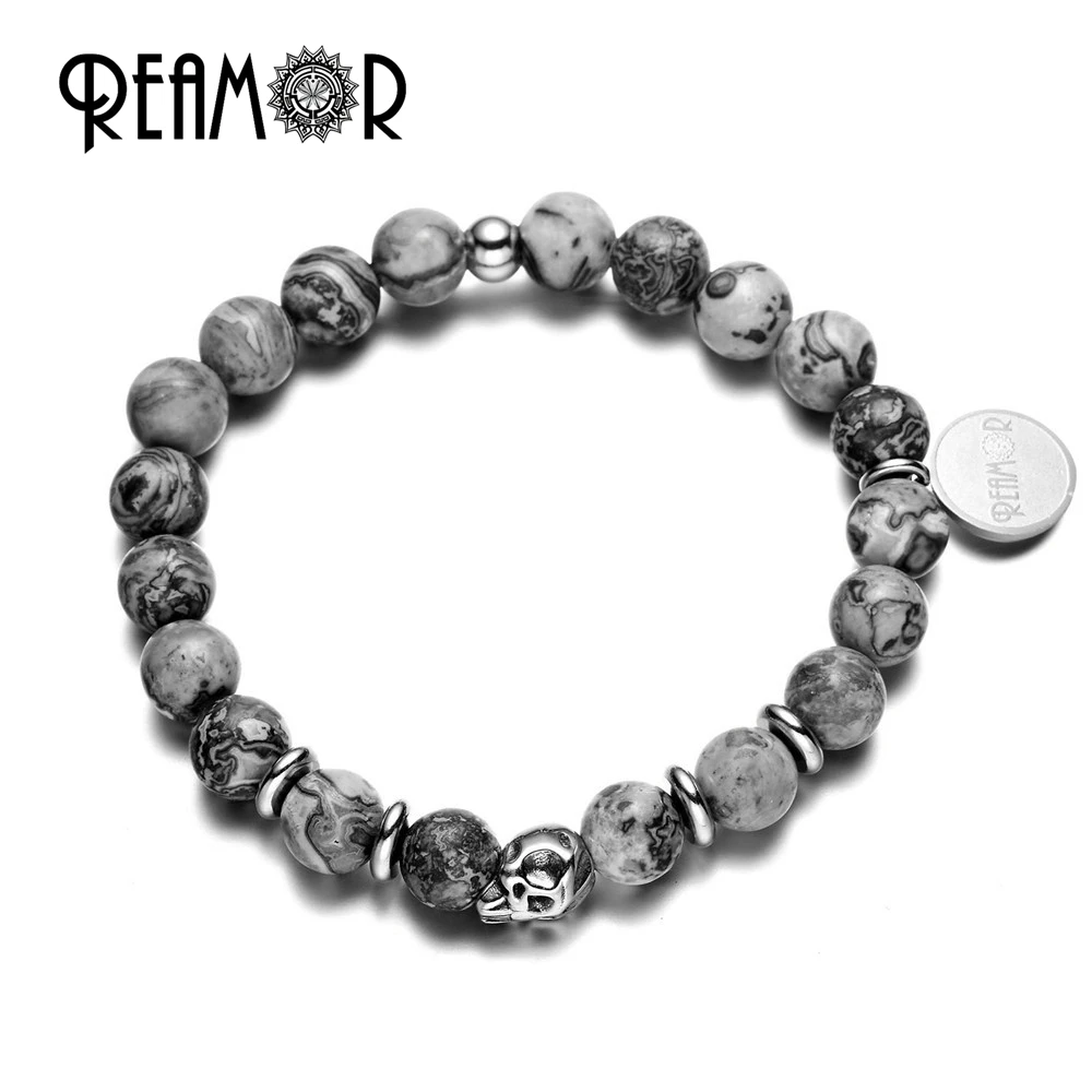 

REAMOR Natural Gray Map Stone 361l Stainless Steel Skull Bead Elastic Strand Bracelet For Men 2019 Charm Jewelry