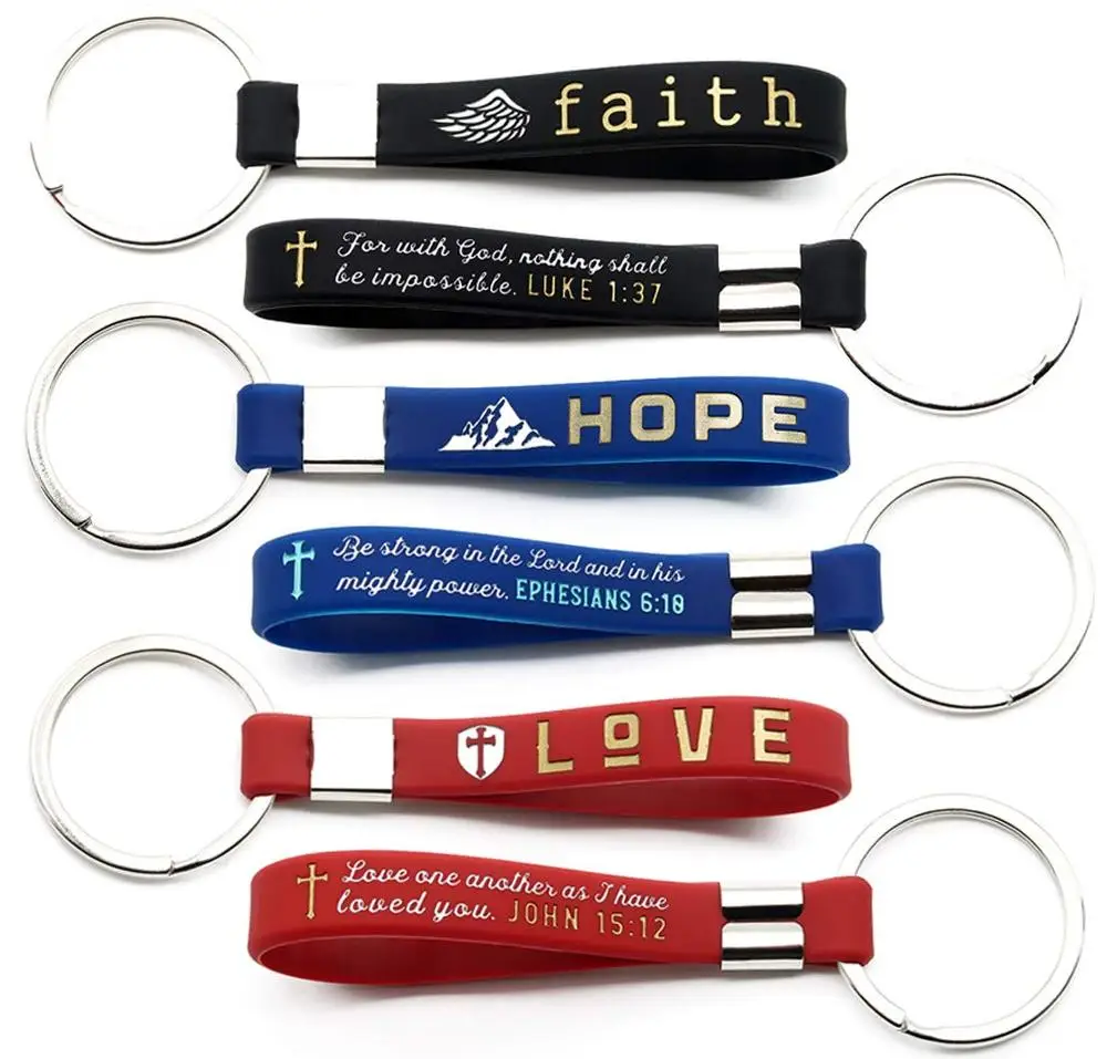 

(12-Pack) Faith Hope Love Christian Keychains with Bible Verses - Wholesale Silicone Rubber Key Chains, Any pantone colors