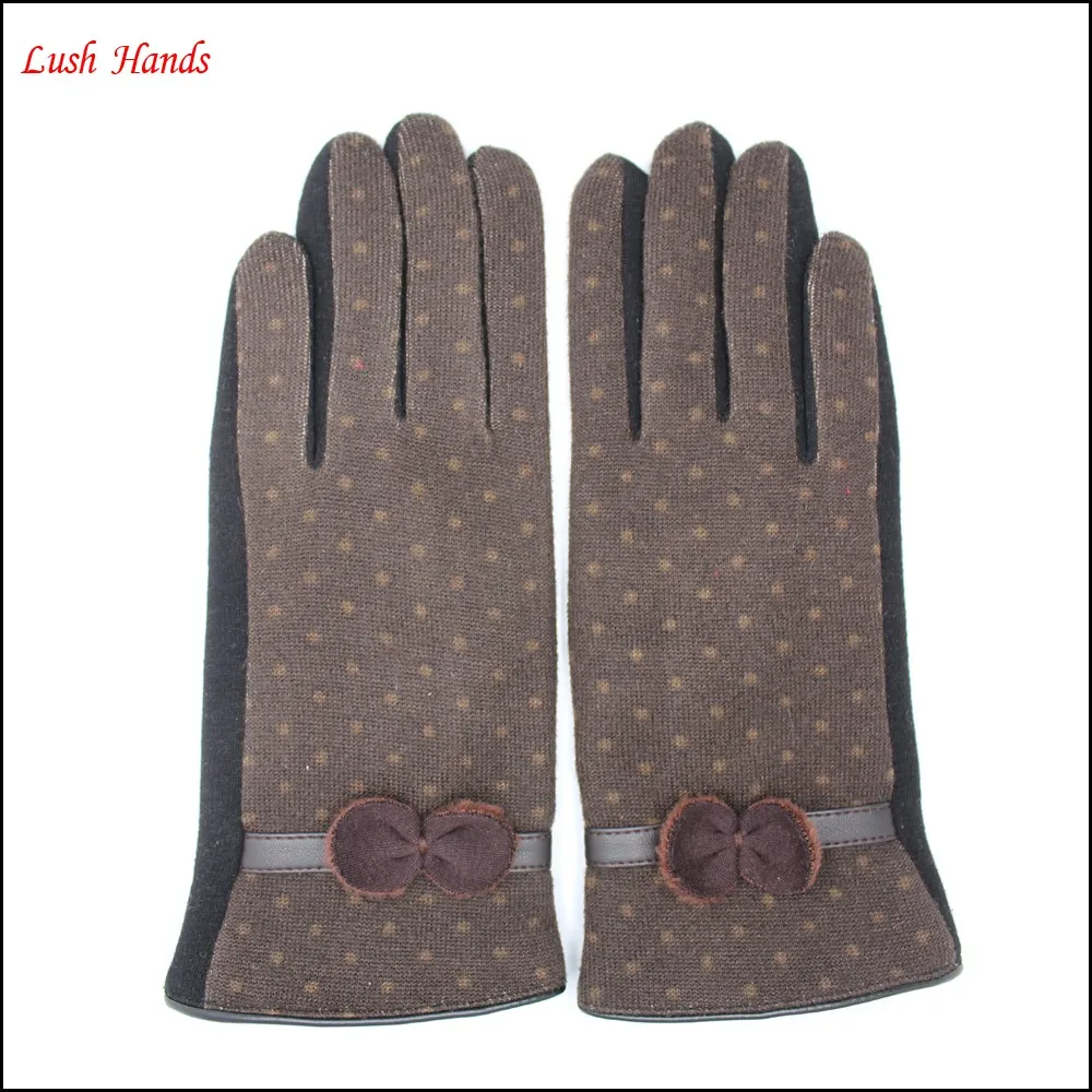 Ladies brown micro velvet gloves with classic bow for wholesale