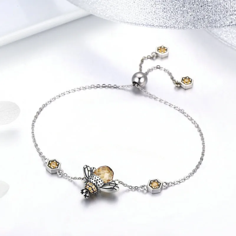

Luxury Jewelry 925 Sterling Silver Dancing Honey Bee Crystal Big Stone Chain Bracelet
