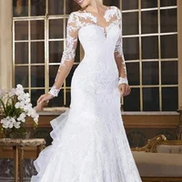 

JS028 Long Tail Mermaid Wedding Dress With Half Sleeve Applique Lace Vestidos De Novia Wedding Gowns
