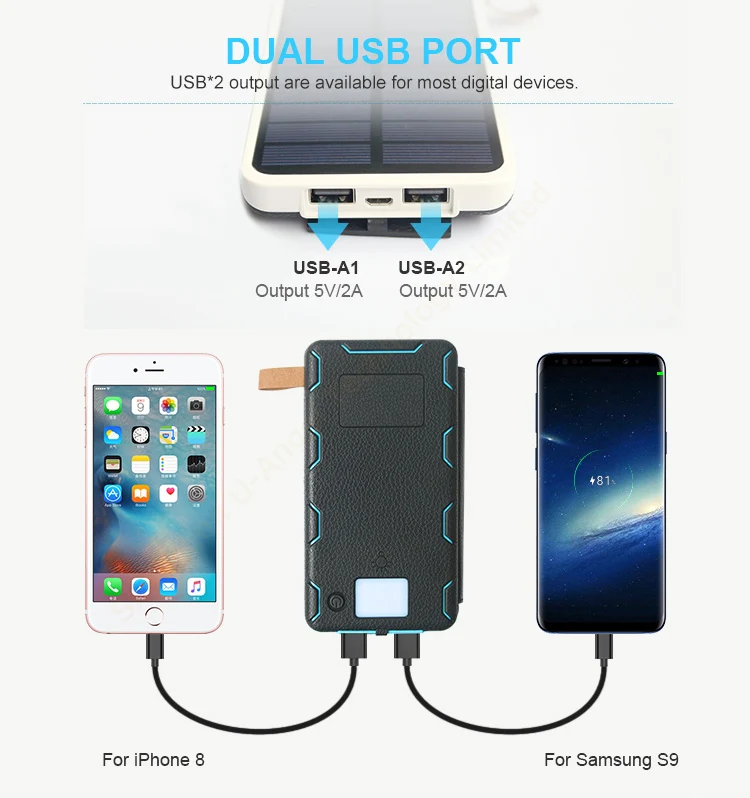 mobile portable charger foldable solar panels power bank 8000mAh with led lights - ANKUX.COM