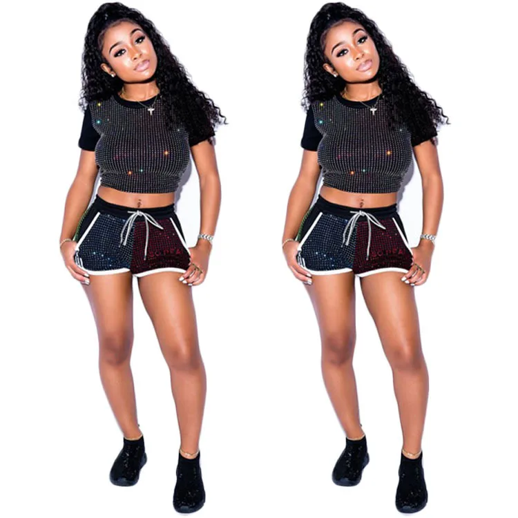 

sexy women's leisure sports set sequins hot diamond women's wear 2 Pieces Outfit rhinestone Crop Top sport Shorts Set Rompers