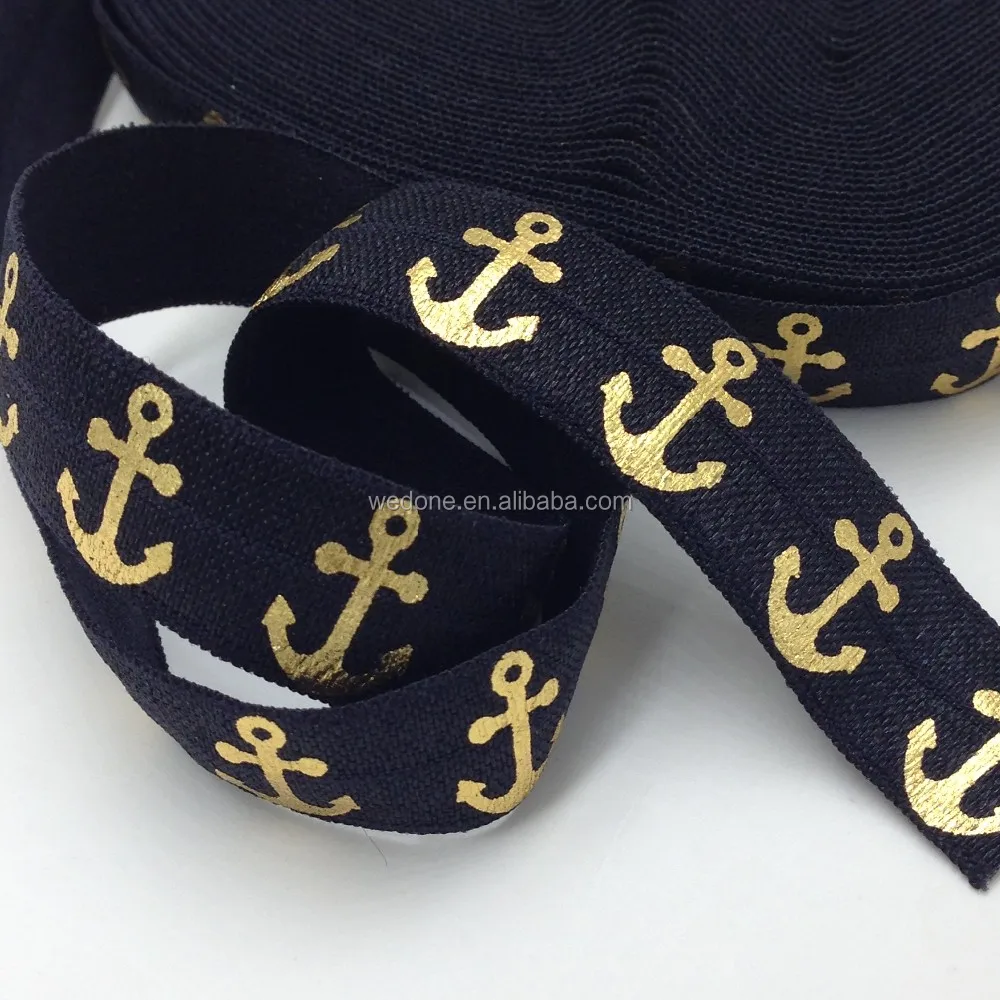 

Black Anchor Gold Foil Fold Over Elastic  Gold Anchor FOE Ribbon for Ponytail Holder Hair Accessories 100Yards/lot, As per picture