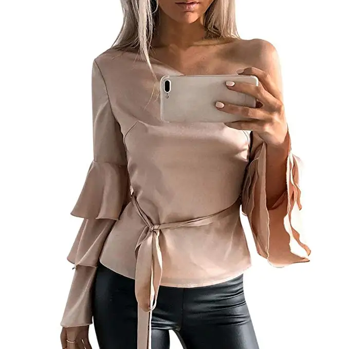 

Women Autumn Off Shoulder Blouse Long Sleeve Lotus Ruffles Sleeve Hot Blouse Loose Tops Blusas femininas camisetas mujer 3 Color