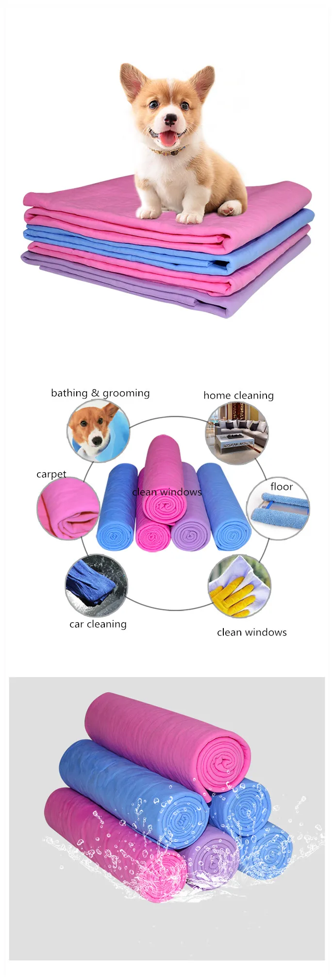 Toalla Mascota Absorbente estupendo baño de PVA de la Gamuza Perros Gatos Antibacteriano Respetuoso del Medio Ambiente y fácil de Limpiar Manera más rápida para secar su Mascota Azul