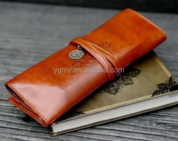 

City Twilight Creative Pencil bag Roll Leather Make Up Cosmetic Pen Case Pouch Purse Bag For School, Brown