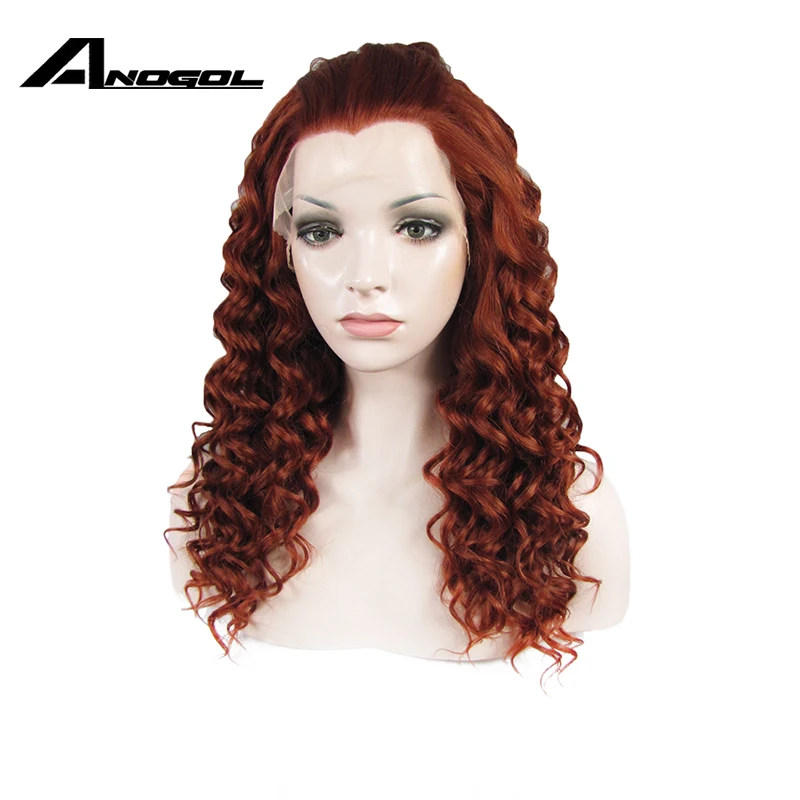 

Anogol Natural Auburn Reddish Long Kinky Curly Free Part High Temperature Fiber Synthetic Lace Front Wig For White Women